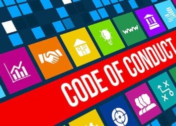 colorful code of conduct text overlaid on screen