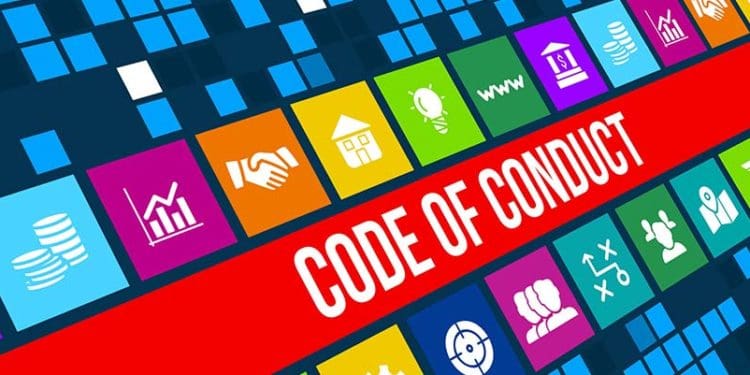 colorful code of conduct text overlaid on screen