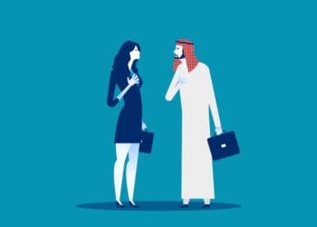 illustration of middle eastern woman and man facing each other