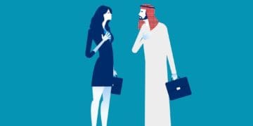 illustration of middle eastern woman and man facing each other