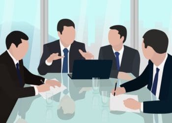 illustration of four businessmen around a conference room table