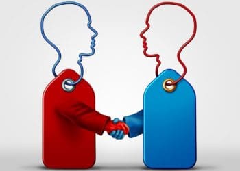 blue and red price tags shaking hands