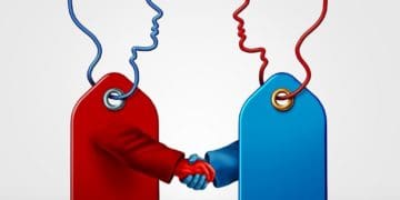 blue and red price tags shaking hands