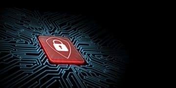 red padlock button on microchip background