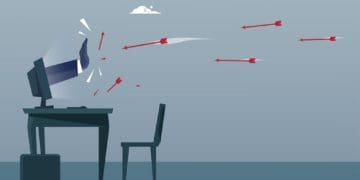 hand from computer screen deflecting red arrows