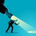 illustration of giant flashlight shining on a clue for a businessman with a magnifying glass