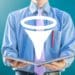 man holding book with funnel icon