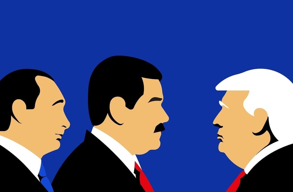illustration of vladimir putin, nicolas maduro, and donald trump in profile