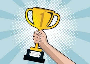 pop art illustration of hand holding trophy