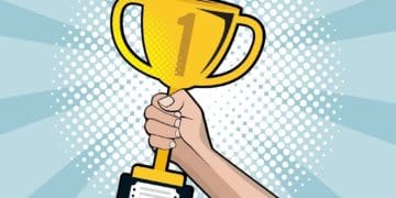 pop art illustration of hand holding trophy