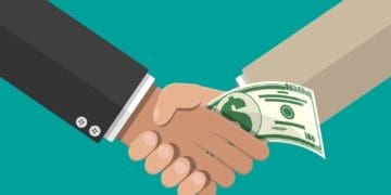 illustration of two businessmen exchanging a bribe