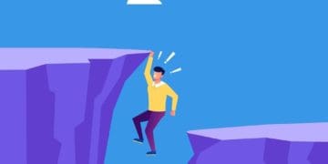 illustration of man hanging from cliff