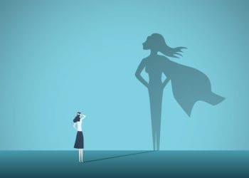 illustration of woman with superwoman as her shadow
