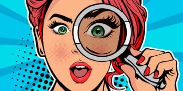 pop art illustration of surprised woman looking through magnifying glass