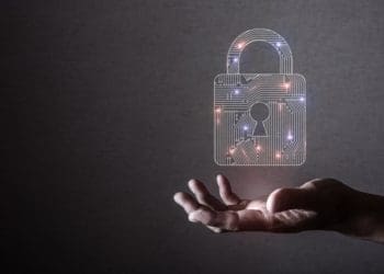 hand holding hovering digital padlock