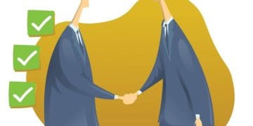 illustration of two businessmen shaking hands and three green check boxes