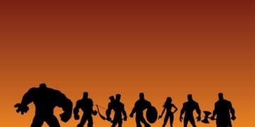 silhouettes of the avengers on dusky orange background