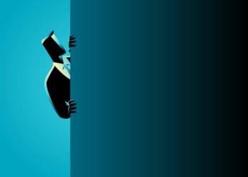illustration of businessman peeking around corner