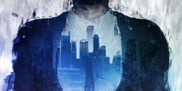 gritty illustration of cityscape on businessman's shirt