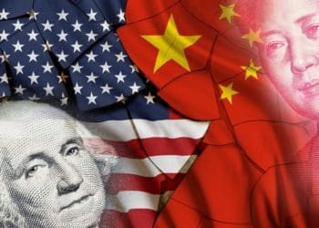 broken image of american flag and currency with chinese flag and currency