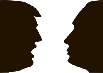 black and white profiles of donald trump and vladimir putin