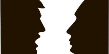 black and white profiles of donald trump and vladimir putin