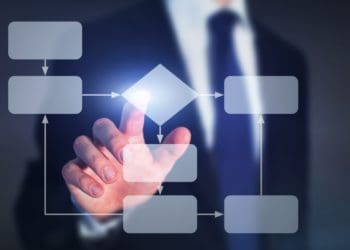 businessman touching virtual workflow