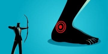 concept of weakness - illustration of businessman shooting arrow at an Achilles heel