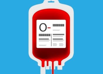 illustration of bag of O negative blood on blue background