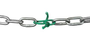 broken chain repaired with green string on white background