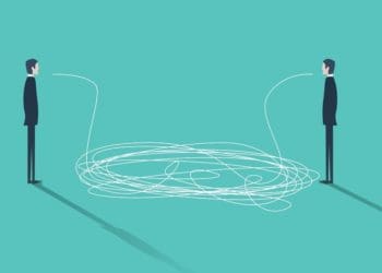 concept of confusion or misunderstanding, jumbled line between two businessmen