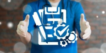 doctor in scrubs holding virtual checklist