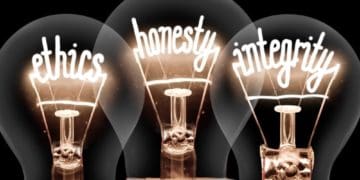 light bulbs reading "ethics honesty integrity"