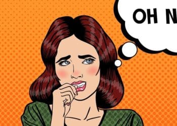pop art illustration of woman biting nails and thinking "oh no!"
