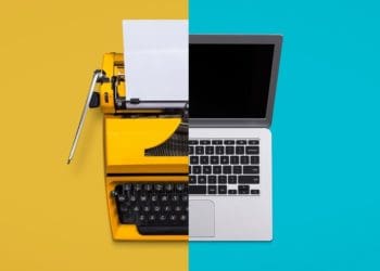 old versus new technology: split screen showing typewriter and laptop