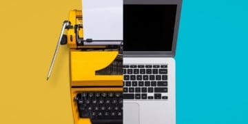 old versus new technology: split screen showing typewriter and laptop