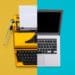 old versus new technology: split screen showing typewriter and laptop