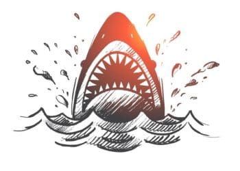 black and white illustration of shark jumping out of water