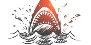 black and white illustration of shark jumping out of water