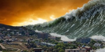 tidal wave crashing on coastal town