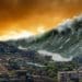 tidal wave crashing on coastal town