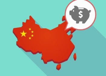 illustration of china with piggy bank in speech bubble