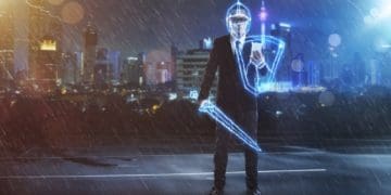 illustration of businessman overlaid with digital sword and armor