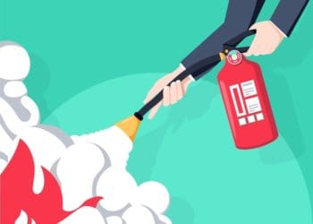 illustration of man in suit putting out flames using fire extinguisher