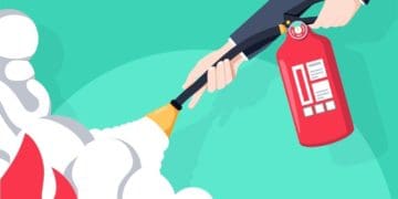 illustration of man in suit putting out flames using fire extinguisher