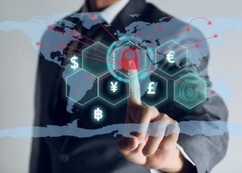 businessman touching virtual screen to unlock data, concept of global cybersecurity