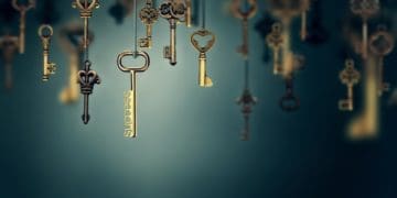 hanging gold keys on blue background