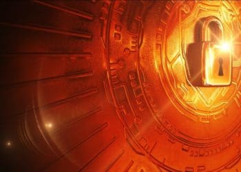 lock on circuit board cast in orange light