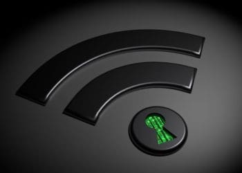 black wifi symbol with green keyhole in the dot