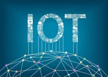 IOT illuminated above a grid of connected devices